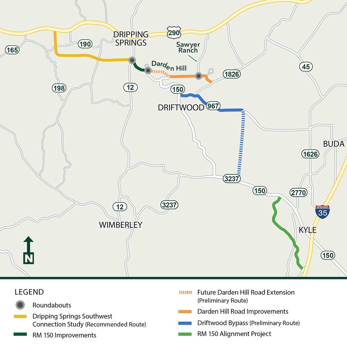 Hays County project area map showing all connected road projects: RM 150 improvements (green), Darden Hill Road improvements (orange), the future Darden Hill Road extension (dashed blue), and the Driftwood Bypass preliminary route (dashed blue) — together forming a continuous highway corridor from Dripping Springs through Driftwood to Kyle.